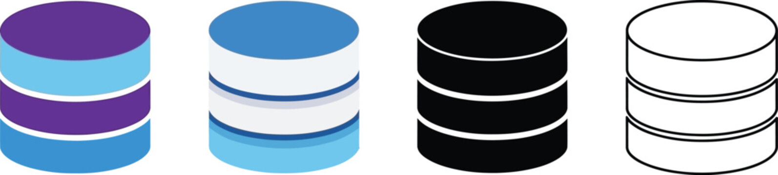 Collection of flat design database icons presented in multiple color variations and outline styles for modern digital projects isolated on white background