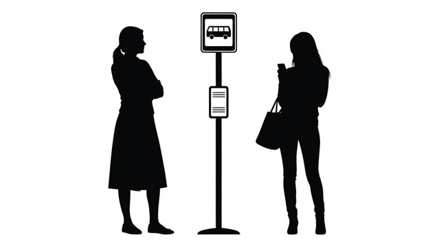 Two women wait at a bus stop one using a smartphone in a minimalist black silhouette