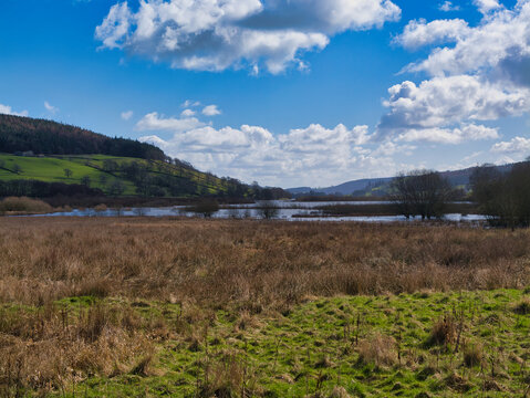 Wide view of Gouthwaite Reservoir in Yorkshire UK with grassy wetlands rolling hills and bright clouds creating a fresh rural landscape