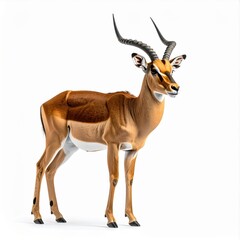 Obraz premium Full body studio portrait of an adult male impala (Aepyceros melampus) with large lyre-shaped horns standing centered on a white background, featuring realistic fur and anatomical detail.