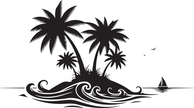 Black silhouette tropical island with palm trees and sailboat