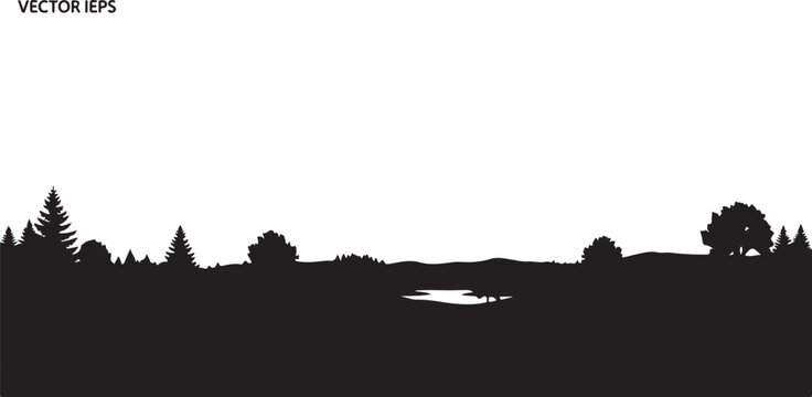 Black silhouette trees on horizon with pond forest