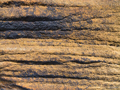Warm light reveals the rough layered surface of millstone grit in Yorkshire UK, creating a natural abstract rock texture background