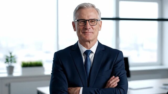 Confident senior caucasian businessman smiling in a modern office with arms crossed. Successful mature male executive and company leader posing for a corporate portrait