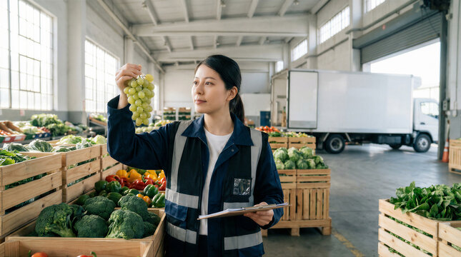 A focused female worker in a high-visibility vest inspects a bunch of green grapes in a large produce warehouse, holding a clipboard.