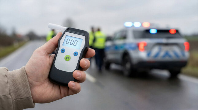 A hand holds a digital breathalyzer showing zero alcohol, with a blurred police car and officers in the background on a road.
