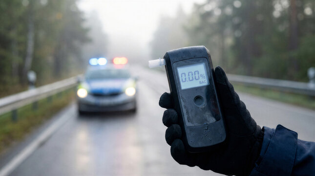 A gloved hand holds a digital breathalyzer displaying a zero reading, with a blurred police car on a foggy road.