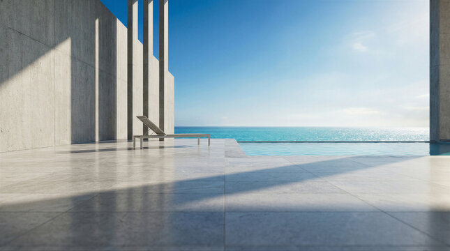 A stunning minimalist concrete infinity pool overlooks a vast, clear blue ocean under a bright sky, exuding tranquility and modern luxury.