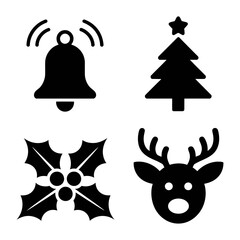 Set of four vector icons representing christmas and holiday symbols including a bell a christmas tree a holly and a reindeer head © Kavya