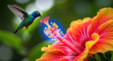Naklejka premium A vibrant hummingbird sips nectar from a colorful hibiscus flower in a lush green environment