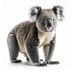 Obraz premium Full body studio portrait of an Australian koala standing on all fours against a white background, featuring detailed grey fur texture, large fluffy ears, and distinct facial features.
