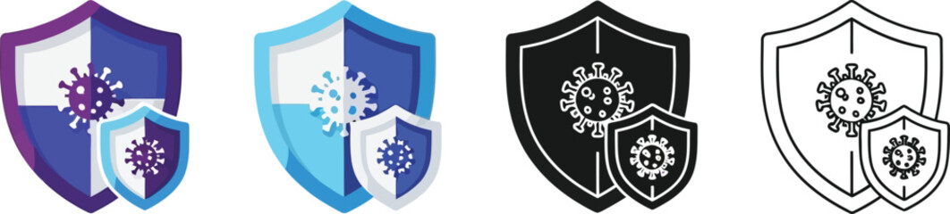 Fototapeta premium Set of virus protection shield icons designed in gradient solid and outline styles ideal for illustrating immunity and health security concepts