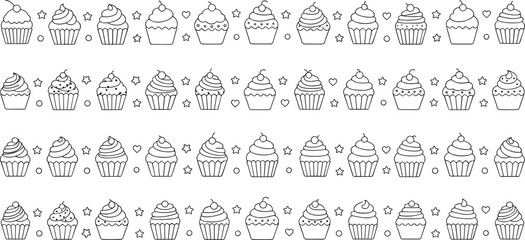 Obraz premium Cupcake Icon Set with Multiple Frosting Designs, Sprinkles, and Decorations in a Repeated Pattern for Bakery, Dessert, and Sweet Treat Illustrations
