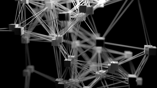 Artificial Intelligence Data Network Nodes with bokeh Plexus 3D Animation loop. Can be used to represent data processing