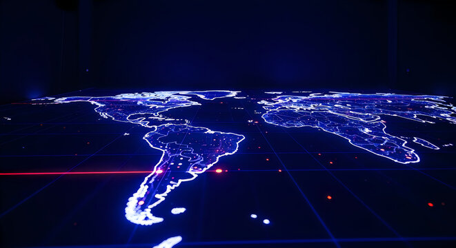 A glowing blue map of the americas at night with city lights shining