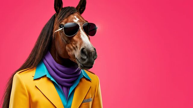 A stylish horse wearing aviator sunglasses and a colorful retro outfit on a pink background. Humorous surreal fashion concept for creative advertising. Wide banner format with copy space