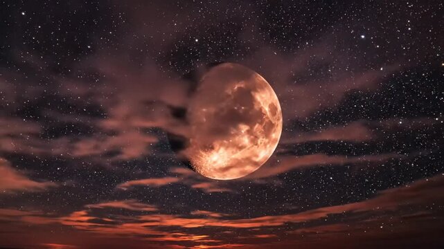Mesmerizing cinematic view of the moon surrounded by glowing clouds against a starry night sky