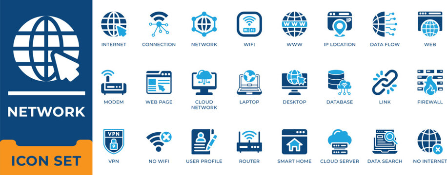 network Internet and connection vector icon set. Cloud computing, wifi router, firewall, VPN, database and web hosting symbols.