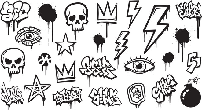 Black and White Hand-Drawn Graffiti Icons and Tags Collection