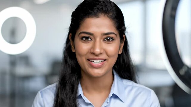 Headshot sequence of a young indian woman talking on a video call. Happy female speaker with different facial expressions for a webinar or online conference. Using a ring light for streaming
