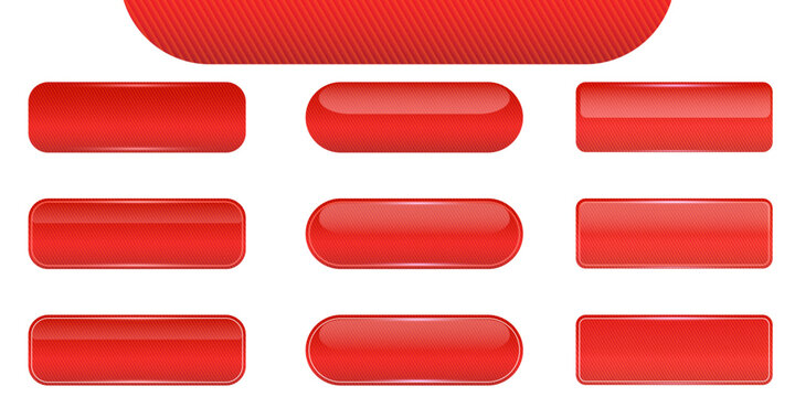 Set of glossy red buttons with diagonal texture. 3D realistic buttons web elements with vibrant reflections. Square and rounded horizontal buttons icons isolated on white for interface and game design