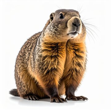 Detailed studio portrait of a groundhog marmot sitting upright against a plain white background, showing sharp claws, thick brown and tan fur texture, and long whiskers.