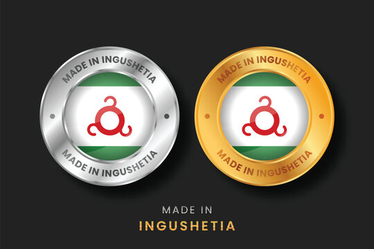 Premium gold and silver metallic seals with the Ingushetia flag. High quality Made in Ingushetia emblems for local products, export branding and manufacturing origin certification.