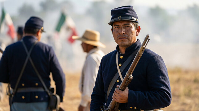 Soldier in historical uniform holding rifle during Battle of Puebla reenactment  