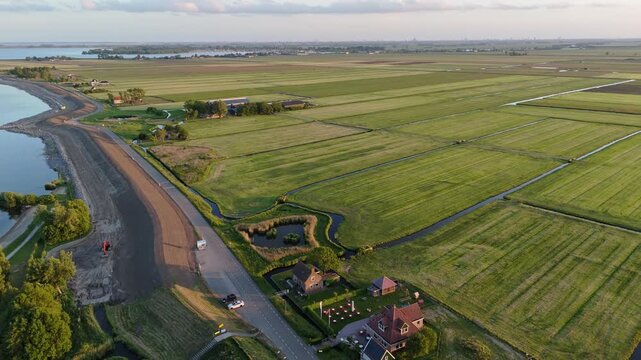 Aerial view of freshly cut tulip fields in Volendam, Netherlands