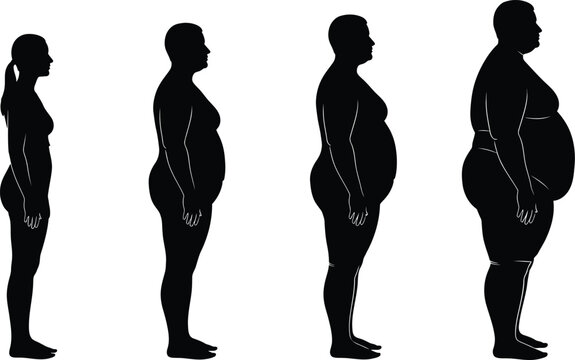 Silhouettes of four people representing different stages of weight gain and obesity levels.