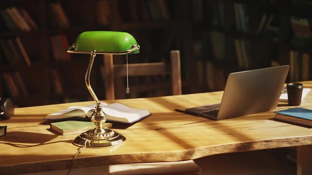 Retro lamp and laptop placed on a desk in empty university reading room, library