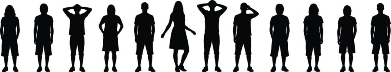 Fototapeta premium A row of twelve black human silhouettes in various poses isolated on a white background.