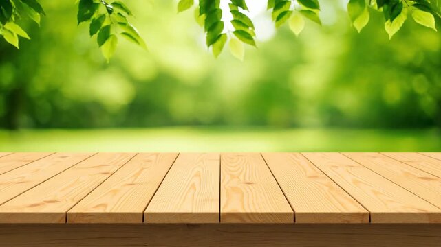 Empty wooden table top perspective for product presentation. Beautiful summer background with blurred green foliage and bokeh