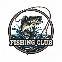 Dynamic bass fish jump with rod and hook in water splash emblem isolated