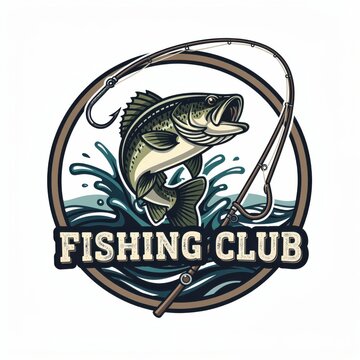 Dynamic bass fish jump with rod and hook in water splash emblem isolated