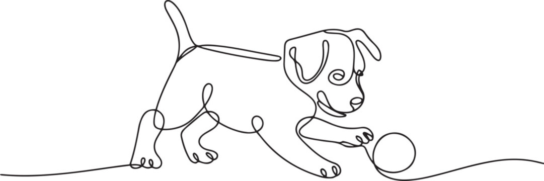 Playful dog in continuous line art drawing style. Puppy playing minimalist black linear. one line Icon drawing