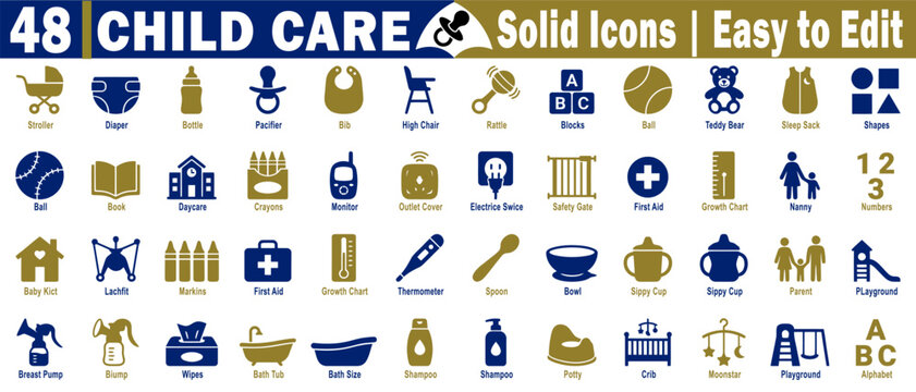 Child care solid icons bundle. Including breast pump, diaper bottle, pacifier, bib, high chair, rattle blocks, ball teddy bear, sleep sack, and nursery tools vector illustration.