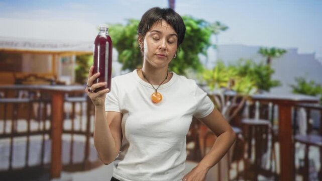 Woman holding a tall bottle of pomegranate juice up with hand and pendant visible in studio; skepticism wellness.