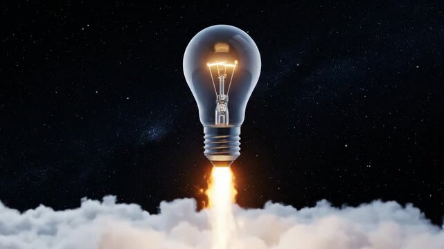 Creative idea as a lightbulb rocket launching into space above the clouds. Conceptual sequence representing innovation, startup growth, and new project success