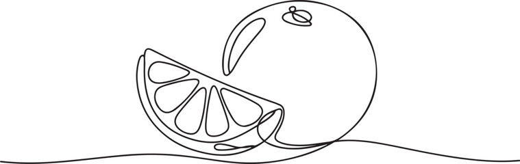 Obraz premium Orange fruit whole and a slice in continuous line art drawing style. one line Icon drawing