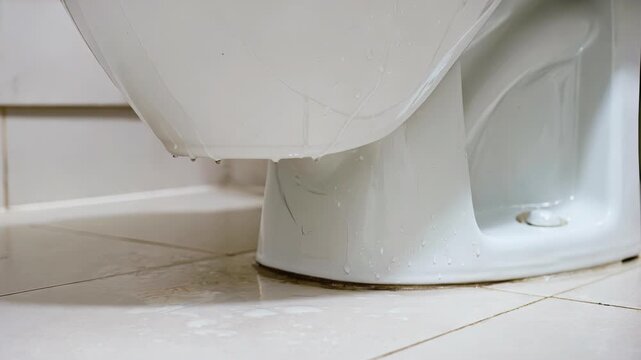 toilet tank leak wet floor bathroom plumbing repair emergency maintenance water running from tank to base showing seal risk and urgent repair concept for property maintenance and insurance claims