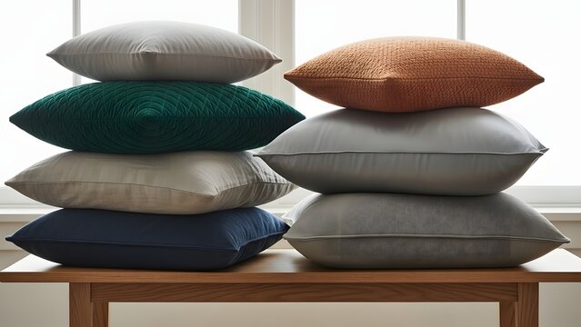 A neatly arranged stack of colorful pillows on a wooden table in a bright room