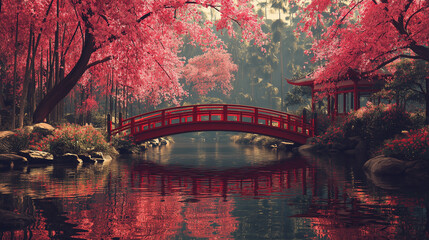 Naklejka premium iconic japanese garden in spring, sakura in full bloom, red bridge over calm water