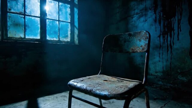 Single rusty metal chair in a dark, decaying room with light through a grimy window, suitable for backgrounds, conceptual art, graphic design, and video production.