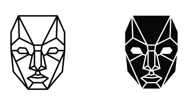 Contrasting geometric masks in black and white line art styles