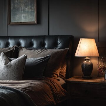 Elegant bedroom interior featuring bed lamp and wall art elements