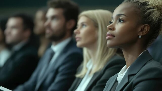 Professional business meeting with moderator and panel. Woman in suit observing.