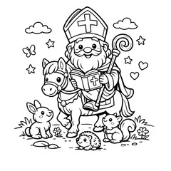 Fototapeta premium Sinterklaas on horse coloring page for kids with animals 