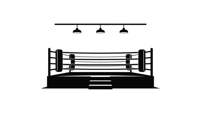 boxing ring arena silhouette with ropes and overhead lights black and white minimal sports illustration isolated on clean background