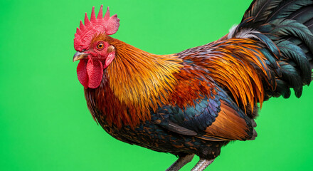 Vibrant colorful rooster on greenscreen chroma key background. Web banner.